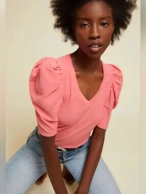 Nation LTD Jillian Bold Shoulder V-Neck Tee Size L Party Pink 100% Pima Cotton